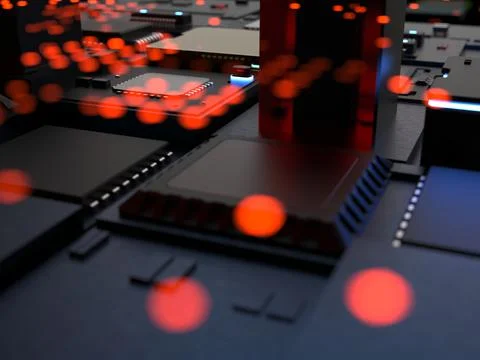 Different types of computers and spare parts. 3D rendering on the subject of  Stock Photos