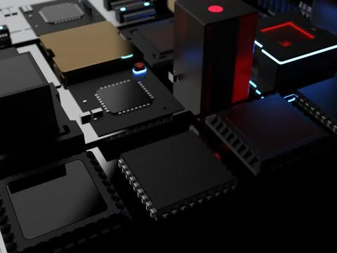 Different types of computers and spare parts. 3D rendering on the subject of  Stock Photos