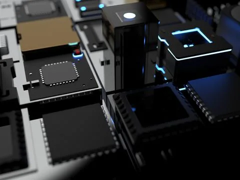 Different types of computers and spare parts. 3D rendering on the subject of  Stock Photos