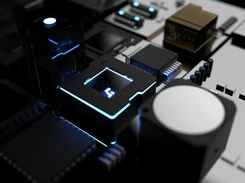 Different types of computers and spare parts. 3D rendering on the subject of  Stock Photos