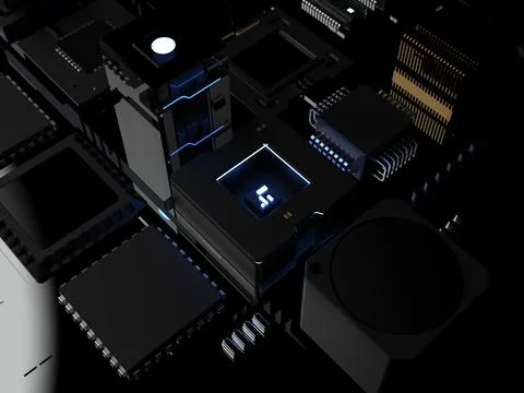 Different types of computers and spare parts. 3D rendering on the subject of  Stock Photos