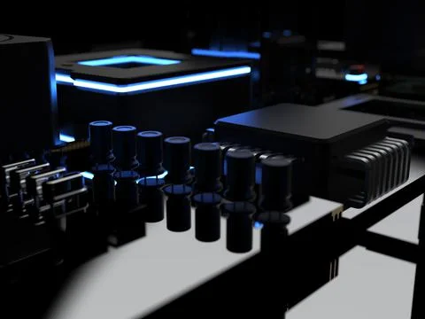 Different types of computers and spare parts. 3D rendering on the subject of  Stock Photos
