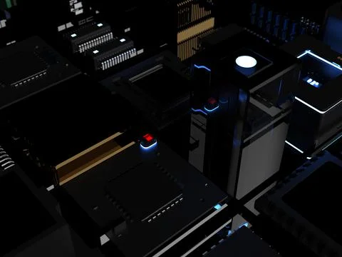 Different types of computers and spare parts. 3D rendering on the subject of  Stock Photos