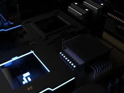 Different types of computers and spare parts. 3D rendering on the subject of  Stock Photos