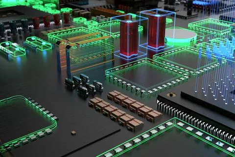 Different types of computers and spare parts. 3D rendering on the subject of  Stock Photos