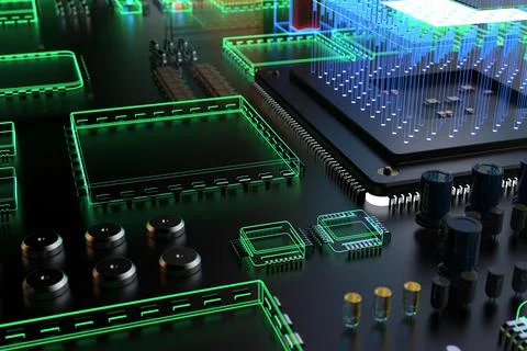 Different types of computers and spare parts. 3D rendering on the subject of  Stock Photos