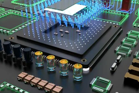 Different types of computers and spare parts. 3D rendering on the subject of  Stock Photos