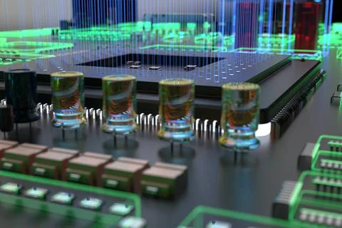 Different types of computers and spare parts. 3D rendering on the subject of  Stock Photos