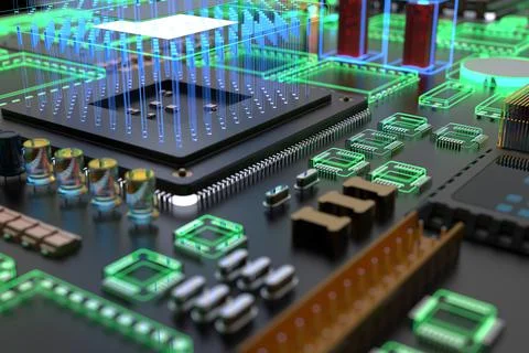 Different types of computers and spare parts. 3D rendering on the subject of  Stock Photos