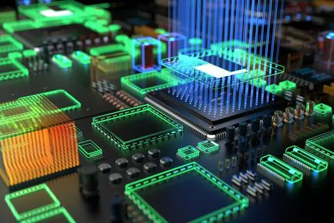 Different types of computers and spare parts. 3D rendering on the subject of  Stock Photos