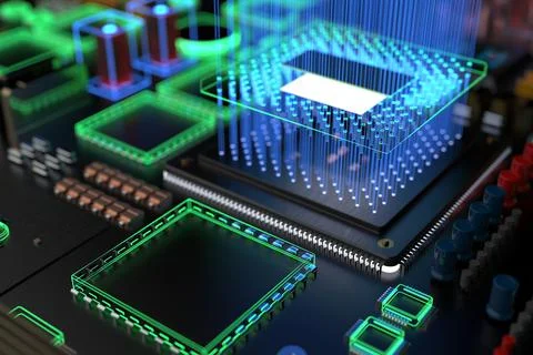 Different types of computers and spare parts. 3D rendering on the subject of  Stock Photos