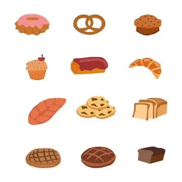Different types of confectionery and bread, vector graphics Stock Illustration