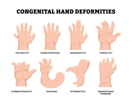 Different types of congenital hand deformities types. Hand finger gene. Lab.. Stock Illustration