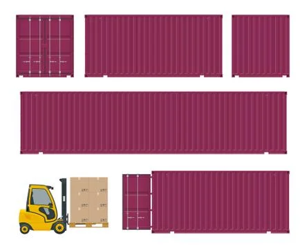 Different types of container and forklift. Side view. Stock Illustration