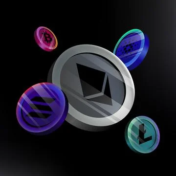 Different Types of Crypto Coins. Graphic 3D Illustration Stock Illustration