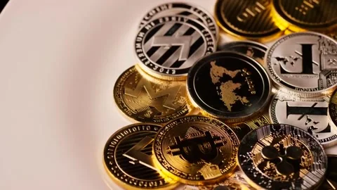 Different types of crypto currency coins Stock-Footage 240188569