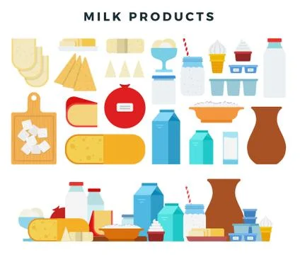 Different types of dairy products, collection of icons in flat style, isolated Stock Illustration