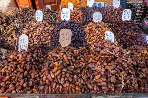 Different types of dates for sale in a souk in the Medina in Marrakech Stock Photos