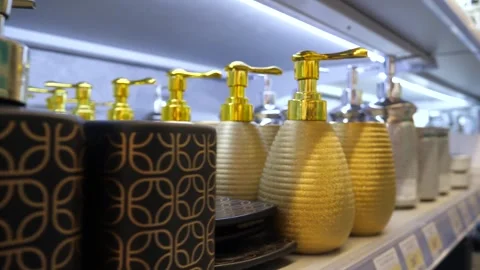 Different types, designs and colors of bath soap dispensers Stock Footage 305404222