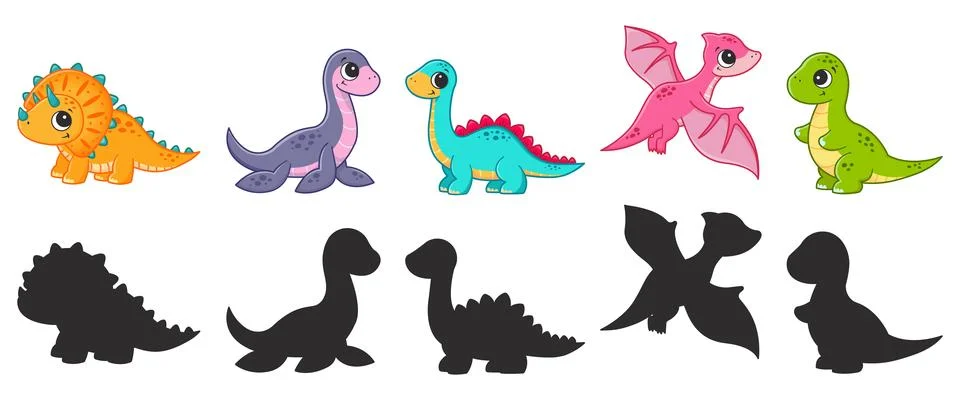 Different types of dinosaurs and their silhouettes. Vector cartoon illustrati Stock Illustration