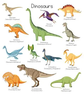Different types of dinosaurs with names Stock Illustration