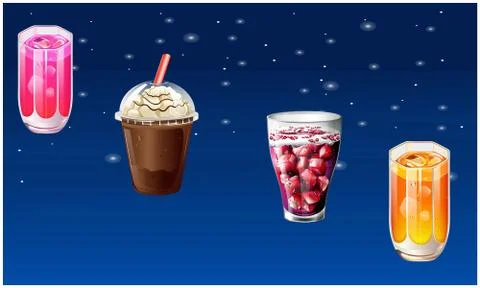 Different types of drinks on abstract stars background Stock Illustration