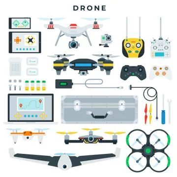 Different types of drones and their control tools, side and top view. Quadcopter Stock Illustration