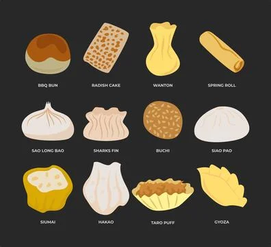 Different types of dumpling types or chinese dim sum dessert collection wit.. Stock Illustration