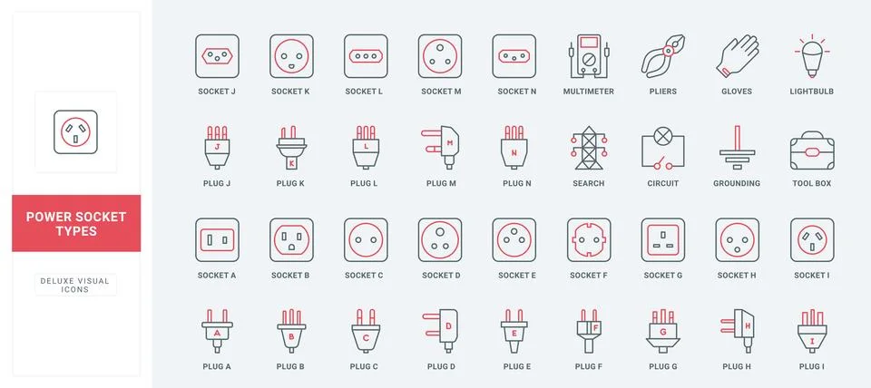 Different types of electric sockets and plugs, electrician toolbox line icon set 스톡 일러스트
