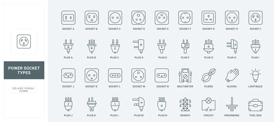 Different types of electric sockets and plugs, electrician toolbox line icon set Illustrazione stock