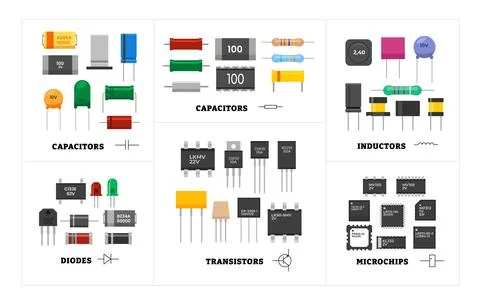 Different types of electronic components set collection, capacitor, diode, .. Illustrazione stock