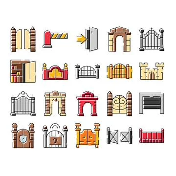 Different types of entrance and exit gates icons Stock Illustration