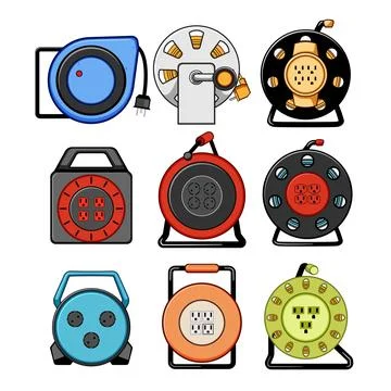 Different types of extension cord reels and power strips set Stock Illustration