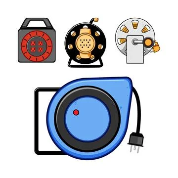 Different types of extension cord reels and power strips Stock Illustration