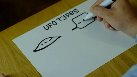 Different types of extraterrestrial flying vehicles drawn on paper Stock Footage 129836083
