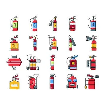 Different types fire extinguishers safety equipment collection Stock Illustration
