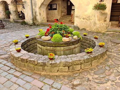Different types of flowers in small pots were planted in old stone flower bed Stock Photos