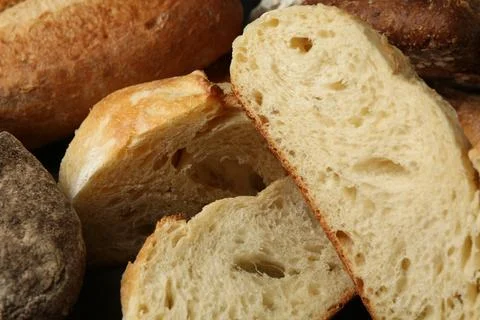 Different types of fresh bread, above view 스톡 사진
