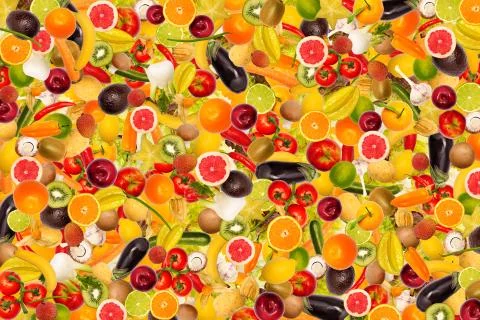 Different types of fruit and vegetables as background, colorful Illustrazione stock
