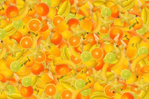 Different types of fruit and vegetables as background, yellow Illustrazione stock