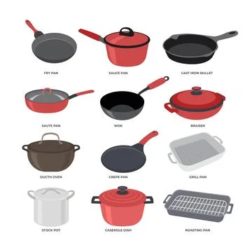 Different types of frying pan types set collection, Cooking utensil kitchen.. Illustrazione stock