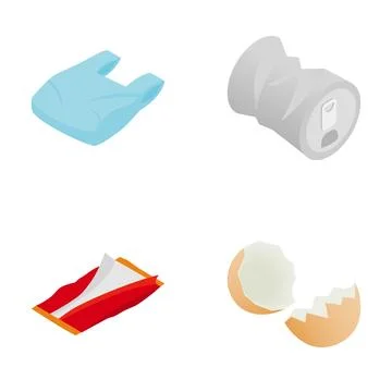 Different types of garbage for sorting and recycling including plastic, alumi Stock Illustration