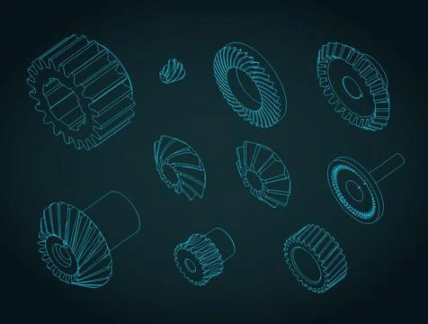 Different types of gears isometric blueprints Stock Illustration