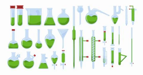 Different types of glassware set collection, chemical reagents, Laboratory .. Stock Illustration