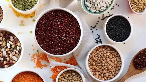 Different types of grains and cereals . View from above Stock Footage 120966945