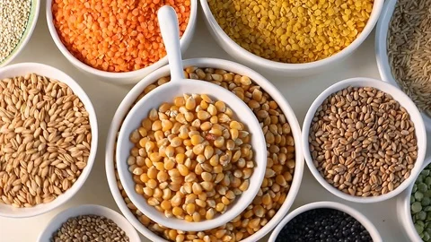 Different types of grains and cereals . View from above Stock Footage 120966978