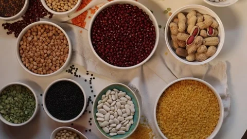 Different types of grains and cereals . View from above Stock Footage 324017899