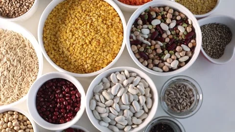 Different types of grains and cereals . View from above Stock Footage 324017976