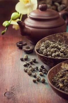 Different types of green tea  (dark) Stock Photos