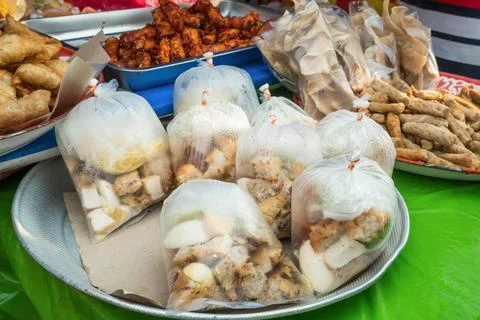 Different types of halal snacks selling in Ramadan bazaar,it is established.. Stock Photos